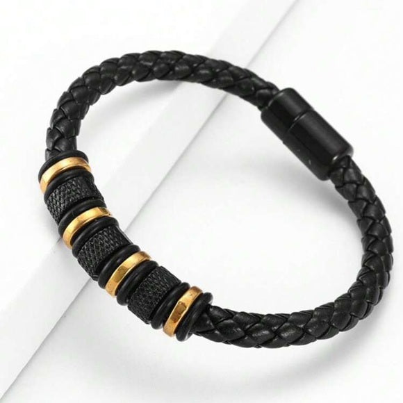 Men Braided Leather Stainless Steel Bracelet