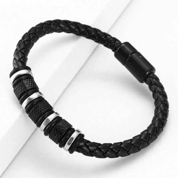 Men Braided Leather Stainless Steel Bracelet