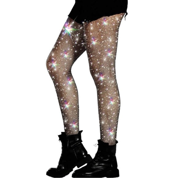 Women Black Ultra Durable Sparkly Tight Glitter Rhinestone Fishnets Stockings