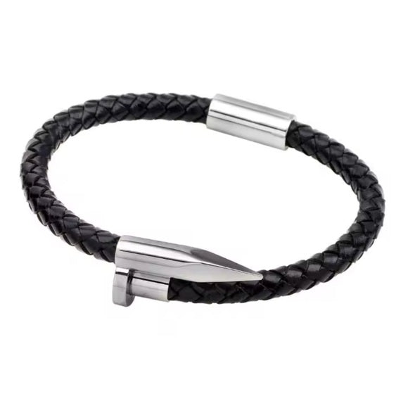 Men Nail Leather Stainless Steel Bracelet