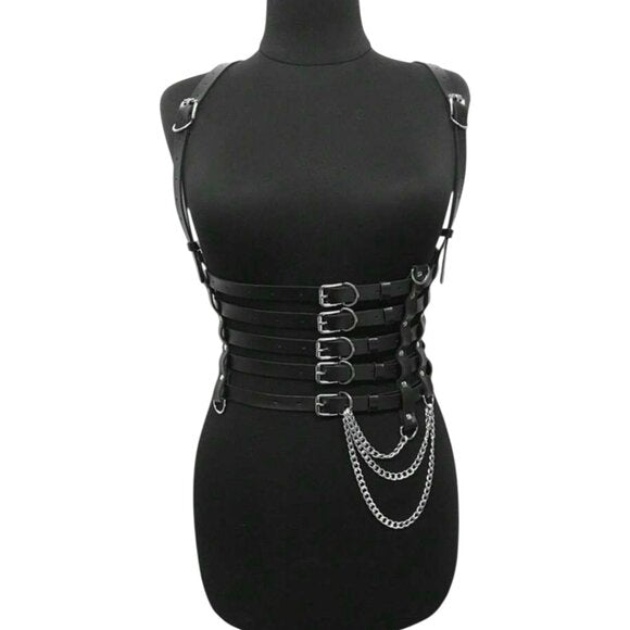 Women Gothic Style 5 Layer Chain Faux Leather Harness