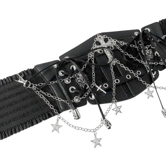 Women Black Lace Chain Skull Cross Tie Decor Elastic Waistband