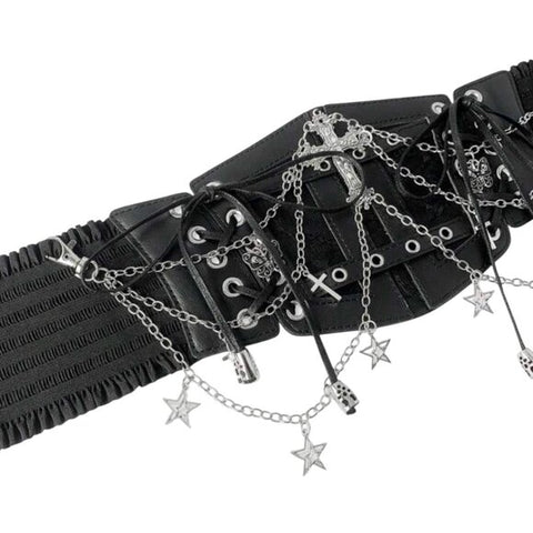 Women Black Lace Chain Skull Cross Tie Decor Elastic Waistband
