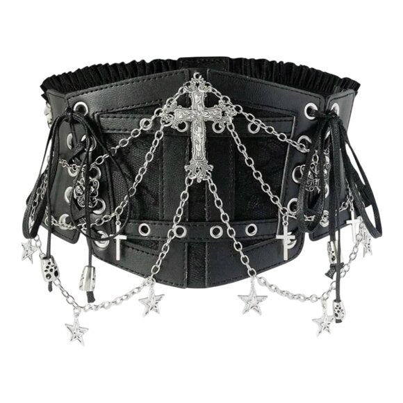 Women Black Lace Chain Skull Cross Tie Decor Elastic Waistband