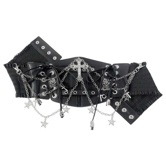 Women Black Lace Chain Skull Cross Tie Decor Elastic Waistband