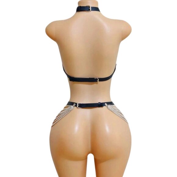 Gothic Style Women Tasseled Chain Bondage Double Buckle Waist Cincher Belt Set