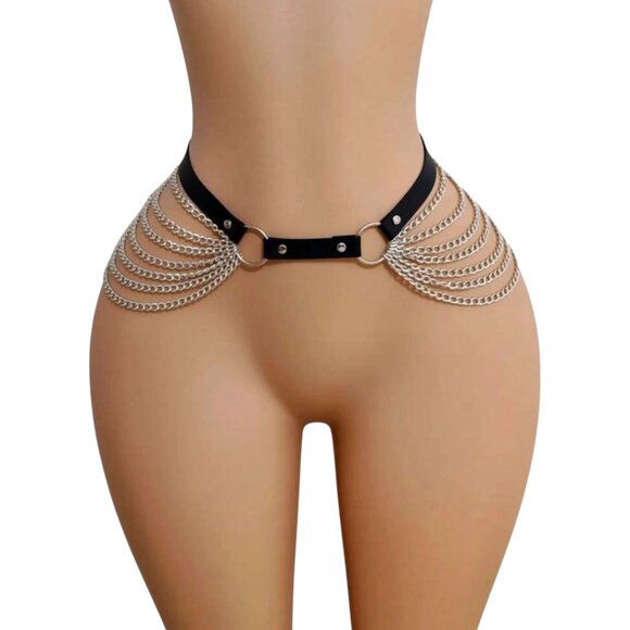 Gothic Style Women Tasseled Chain Bondage Double Buckle Waist Cincher Belt Set