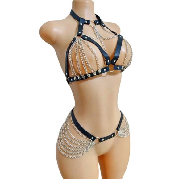 Gothic Style Women Tasseled Chain Bondage Double Buckle Waist Cincher Belt Set