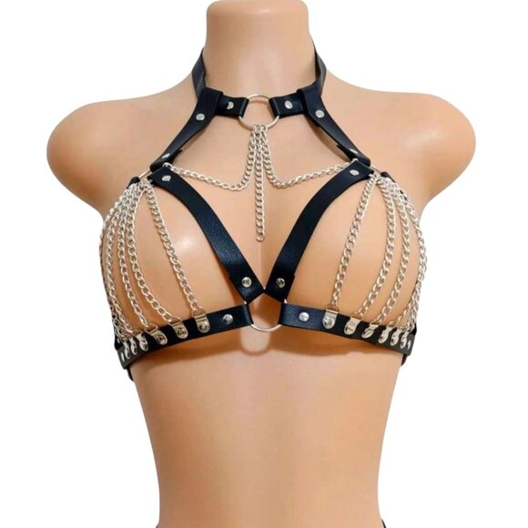 Gothic Style Women Tasseled Chain Bondage Double Buckle Waist Cincher Belt Set