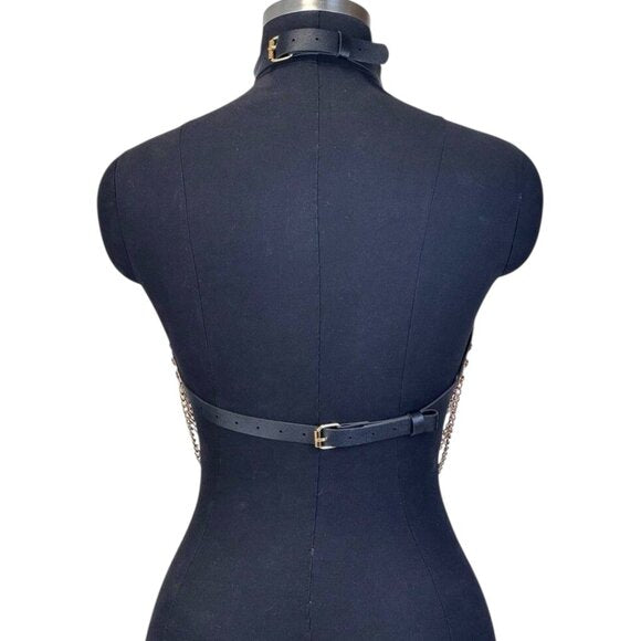 Women Black Leather Harness With Gold Chain
