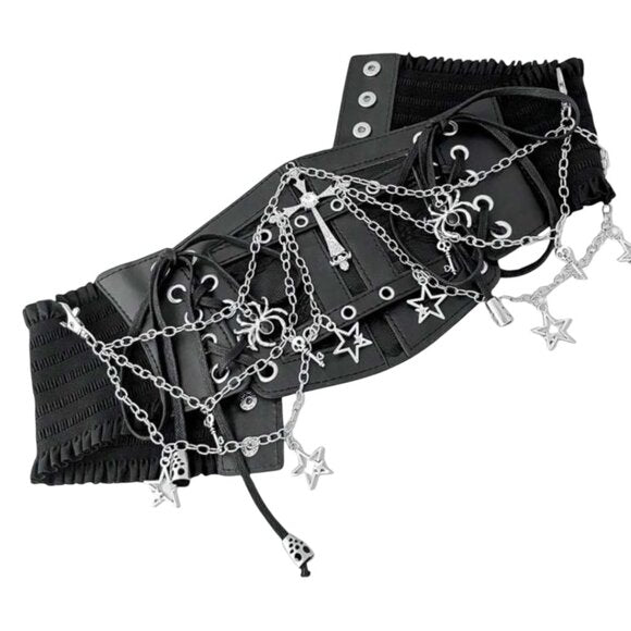 Women Black Lace Chain Skeleton Cross Belt