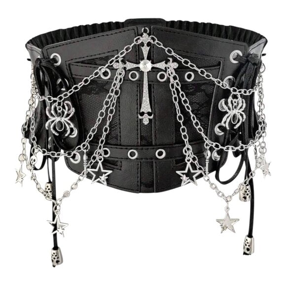 Women Black Lace Chain Skeleton Cross Belt