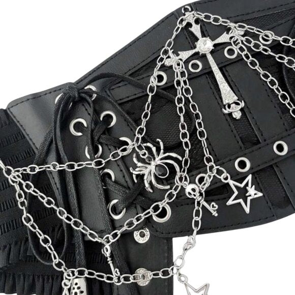 Women Black Lace Chain Skeleton Cross Belt