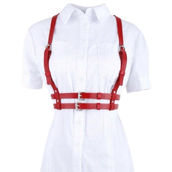 Women Plus Size Gothic Style Red PU Leather Sexy Harness Waist Belt