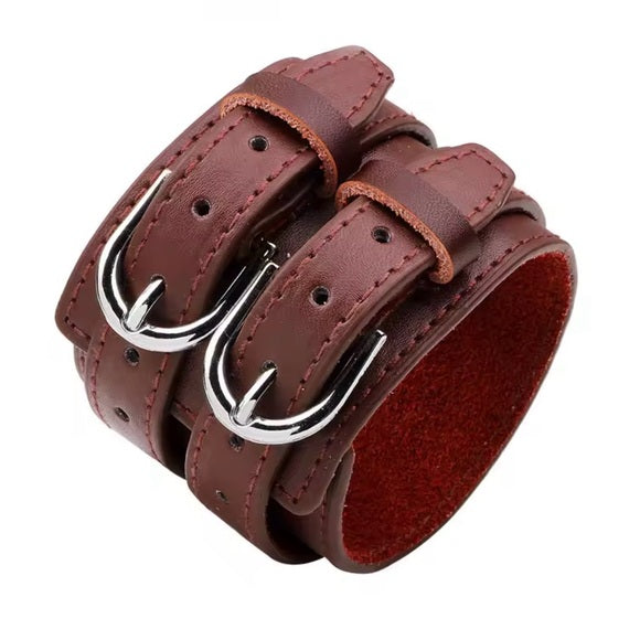 Men Leather Double Buckle Bracelet