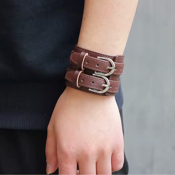 Men Leather Double Buckle Bracelet