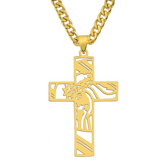 Men Stainless Steel Crown of Thorns Jesus Cross Necklace