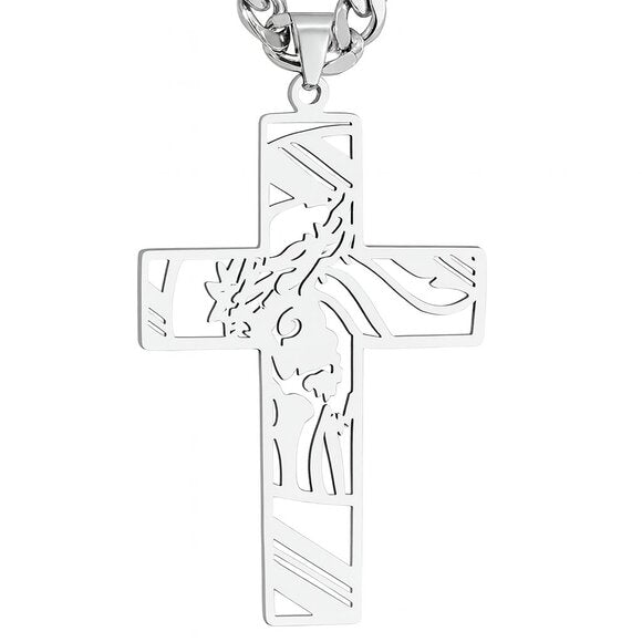 Men Stainless Steel Crown of Thorns Jesus Cross Necklace