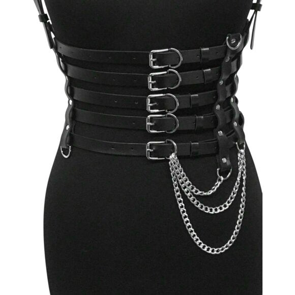 Women Gothic Style 5 Layer Chain Faux Leather Harness